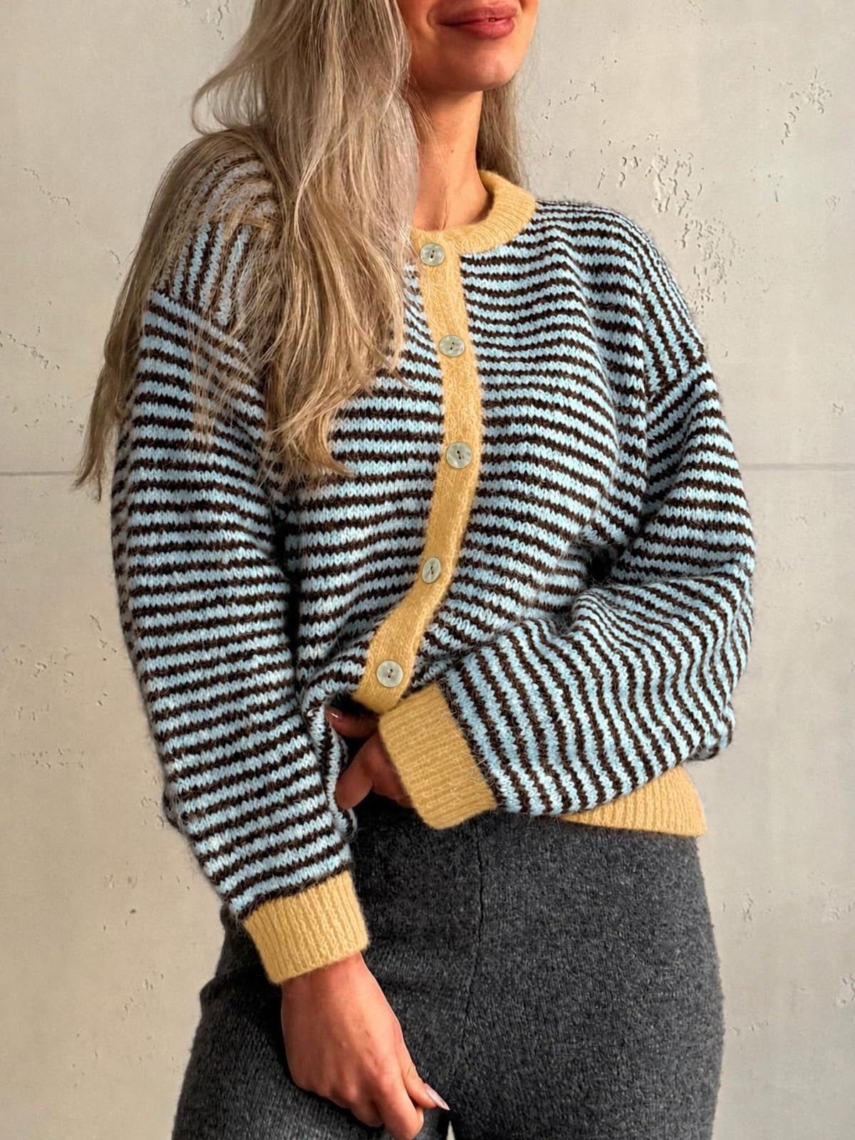 Contrast Trim Striped Knit Cardigan - Coffee - 4