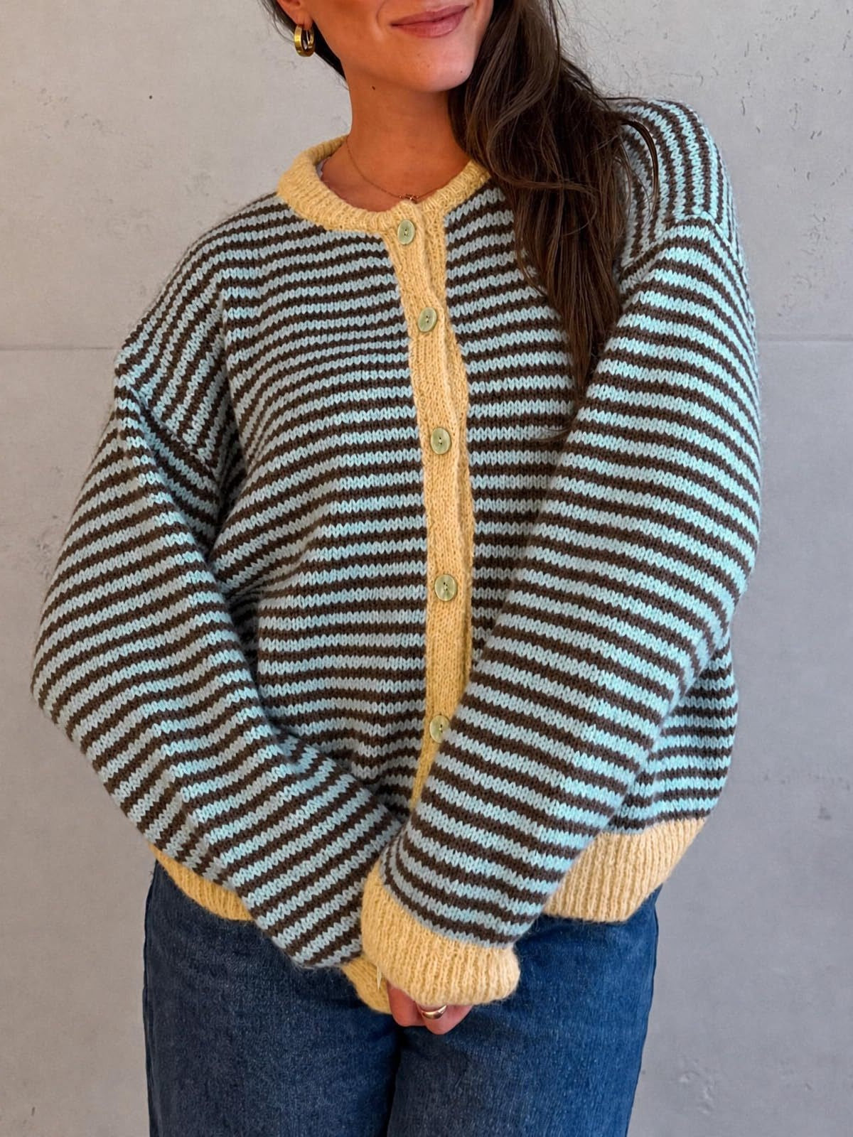 Contrast Trim Striped Knit Cardigan - Coffee - 5