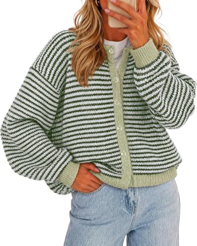Contrast Trim Striped Knit Cardigan - Green