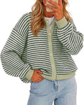 Contrast Trim Striped Knit Cardigan - Green
