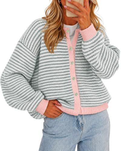 Contrast Trim Striped Knit Cardigan - Grey