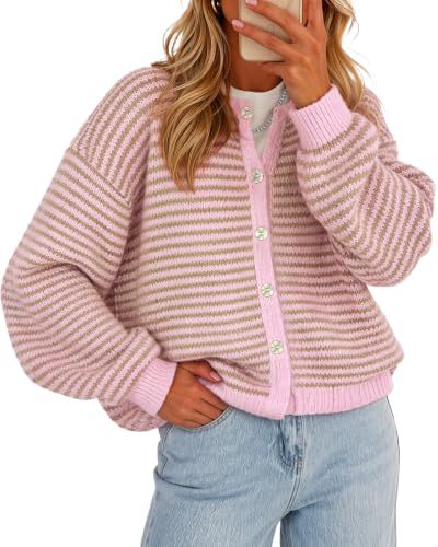 Contrast Trim Striped Knit Cardigan - Pink