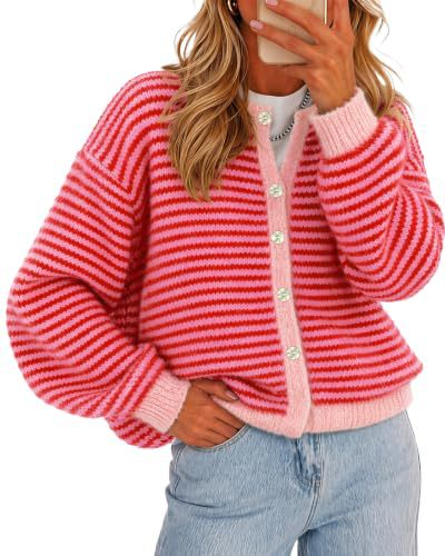 Contrast Trim Striped Knit Cardigan - Red