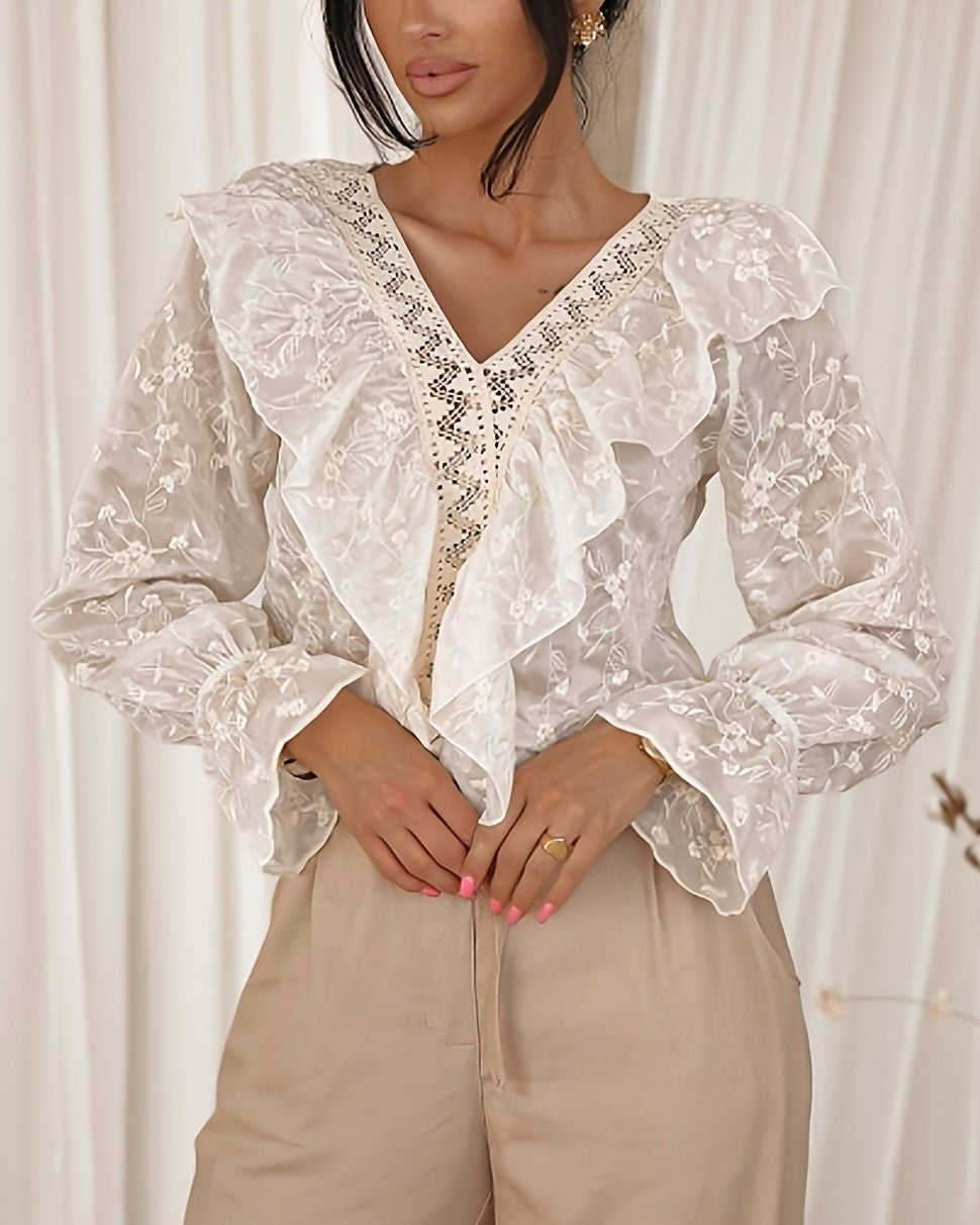 Sheer Embroidered Lace Ruffle Blouse - Beige