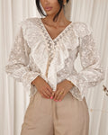 Sheer Embroidered Lace Ruffle Blouse - Beige