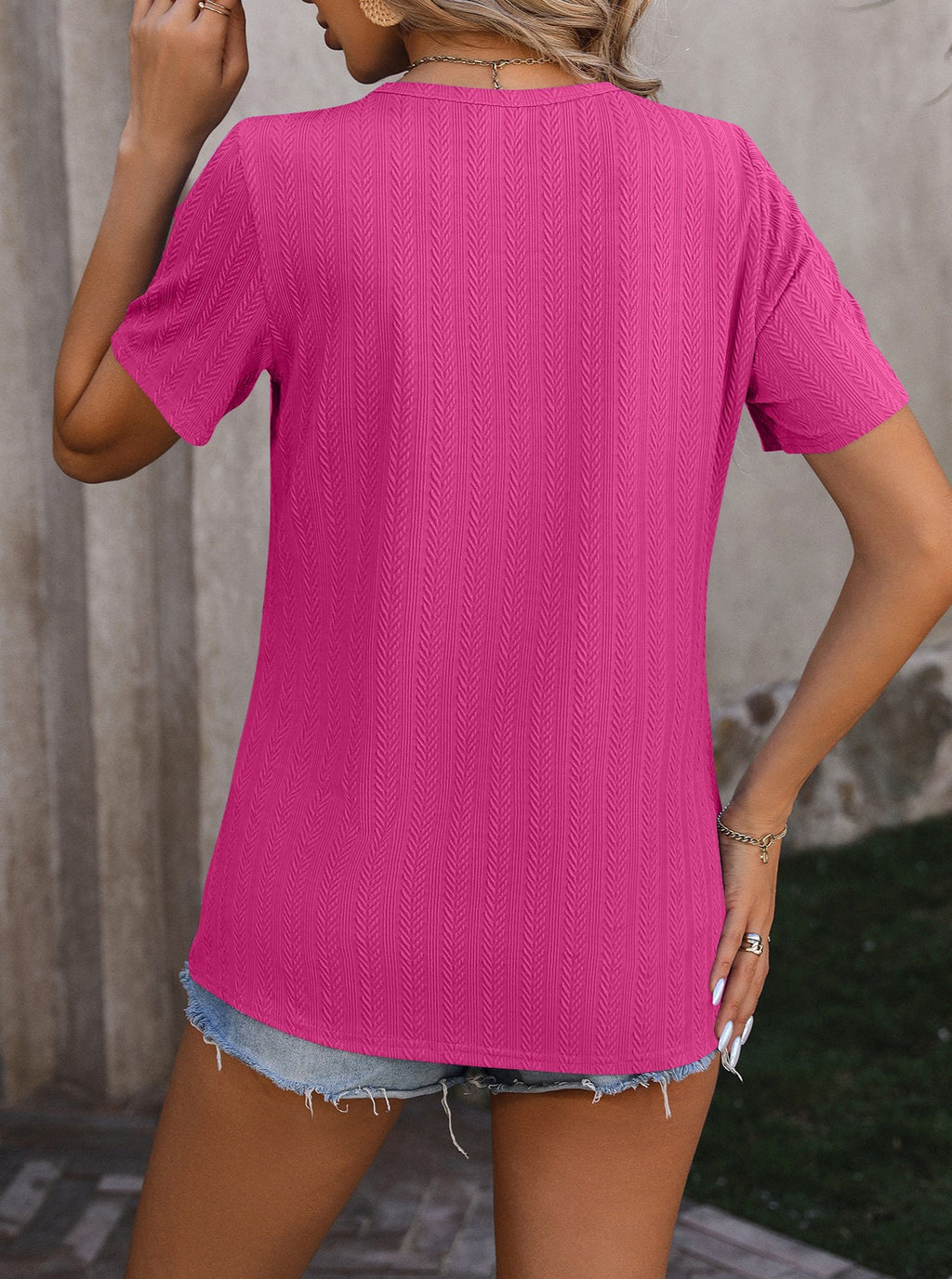 Textured Knit Side Button Curved Hem Tee - Rosered - 1