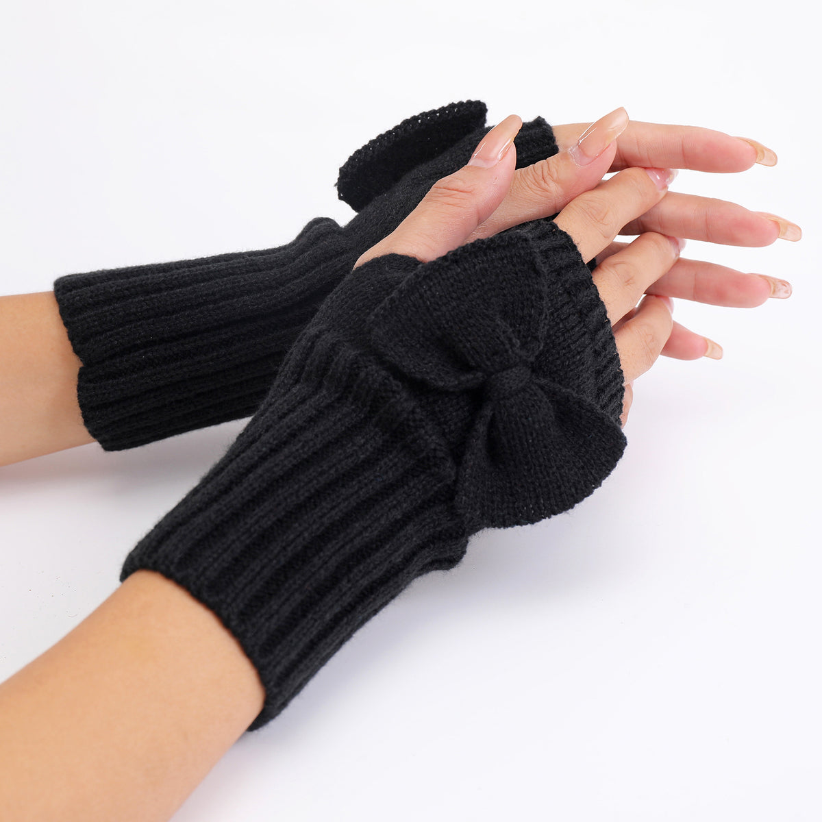 Bow Detail Fingerless Ribbed Knit Gloves - Black