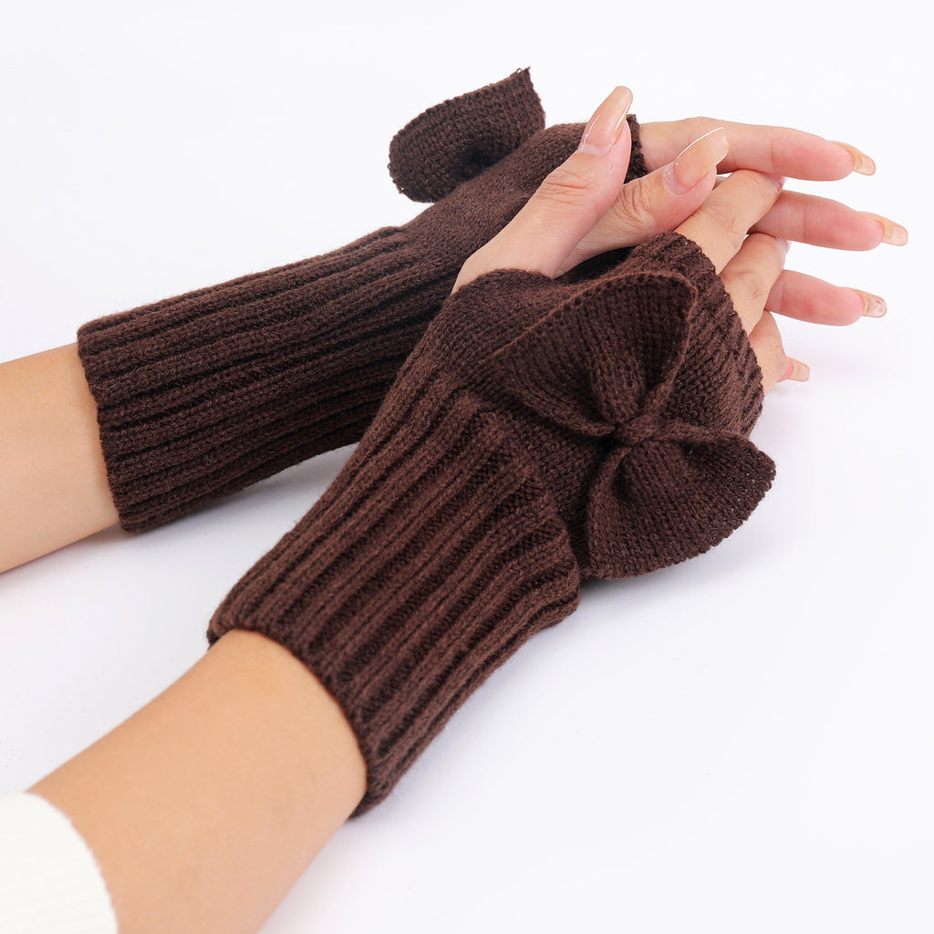 Bow Detail Fingerless Ribbed Knit Gloves - Brown