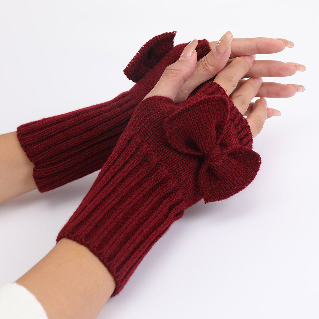 Bow Detail Fingerless Ribbed Knit Gloves - Burgundy