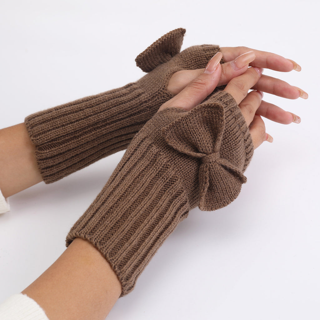 Bow Detail Fingerless Ribbed Knit Gloves - Coffee
