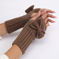 Bow Detail Fingerless Ribbed Knit Gloves - Coffee