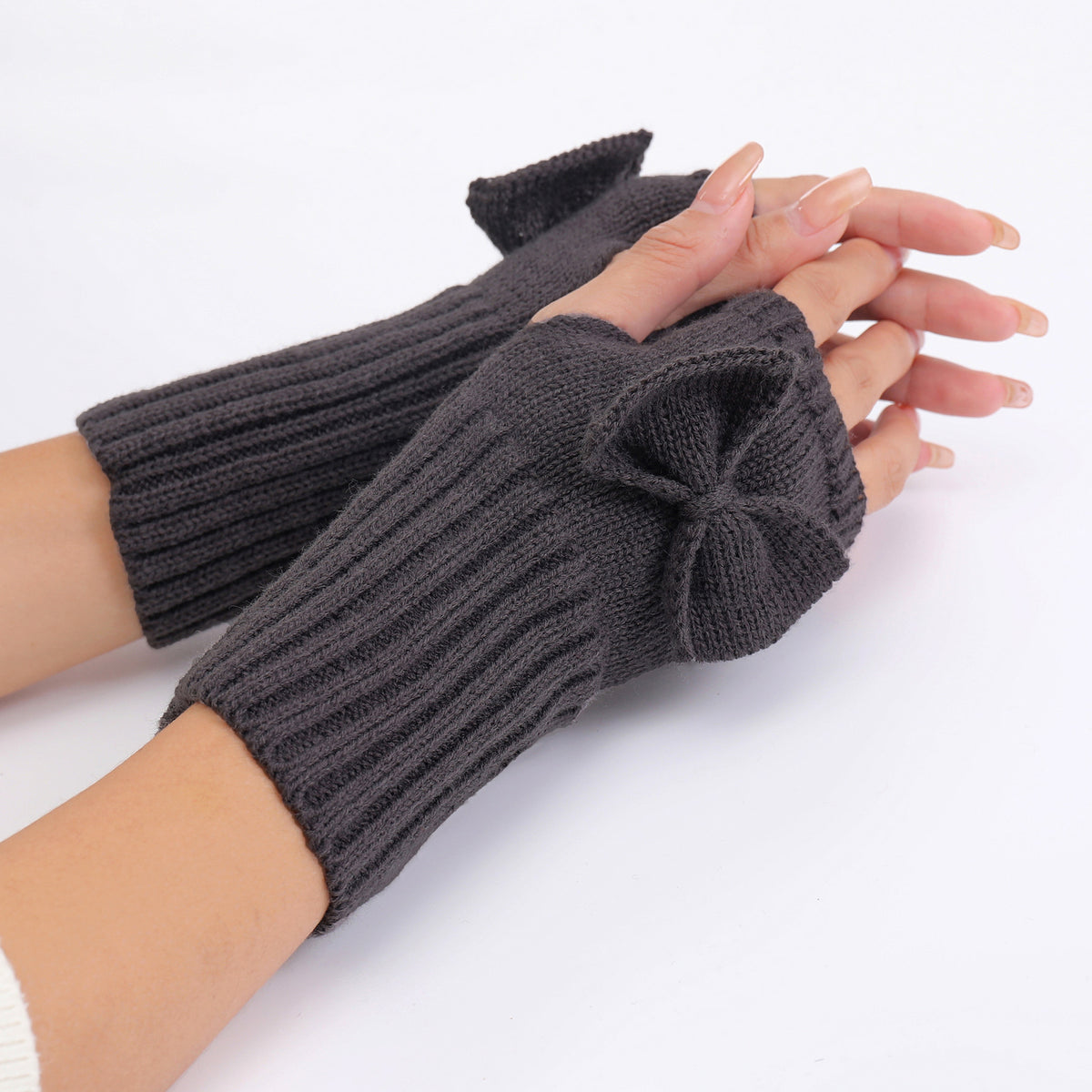 Bow Detail Fingerless Ribbed Knit Gloves - DarkGrey