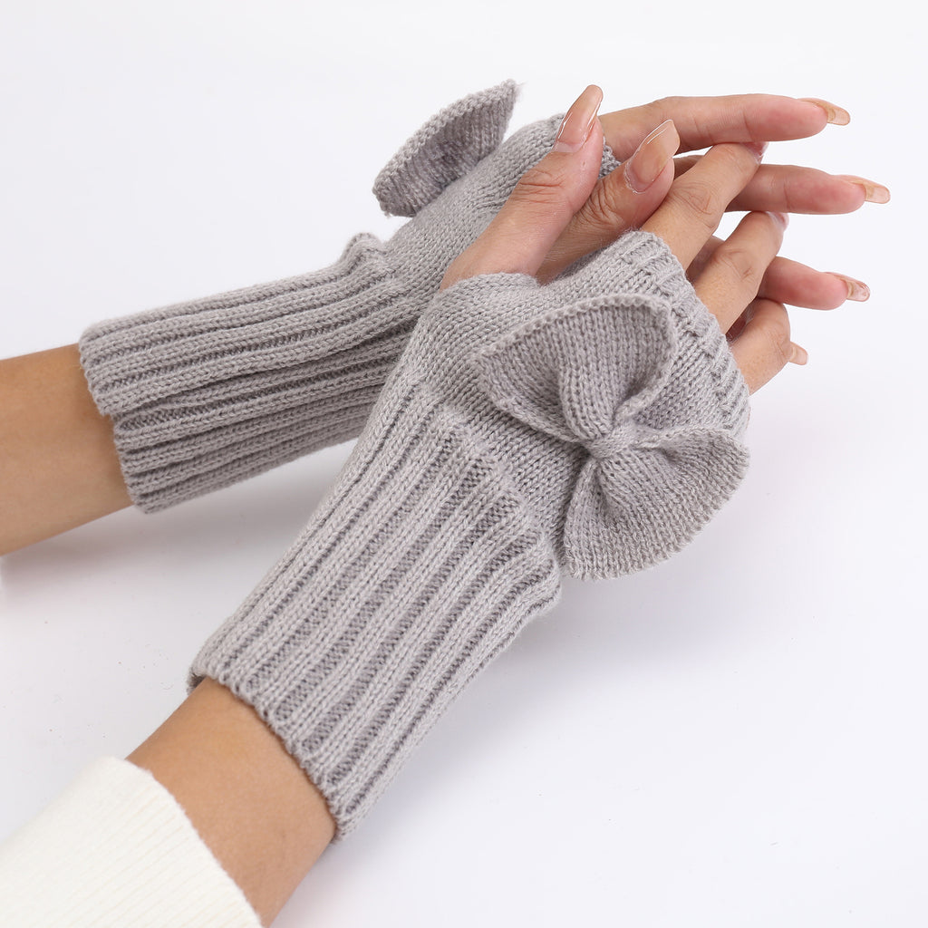 Bow Detail Fingerless Ribbed Knit Gloves - Grey