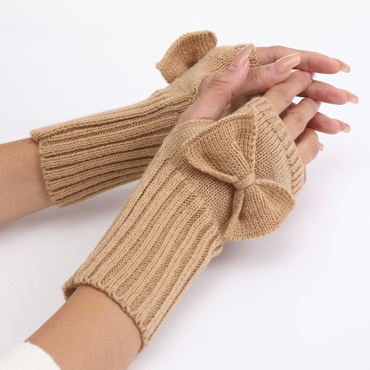 Bow Detail Fingerless Ribbed Knit Gloves - Khaki
