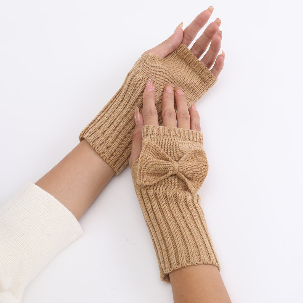Bow Detail Fingerless Ribbed Knit Gloves - Khaki - 1