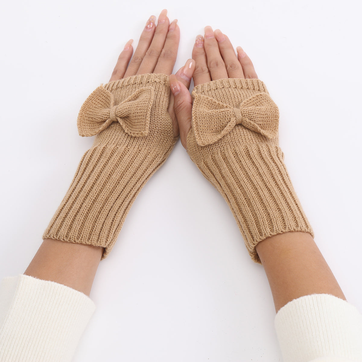 Bow Detail Fingerless Ribbed Knit Gloves - Khaki - 2