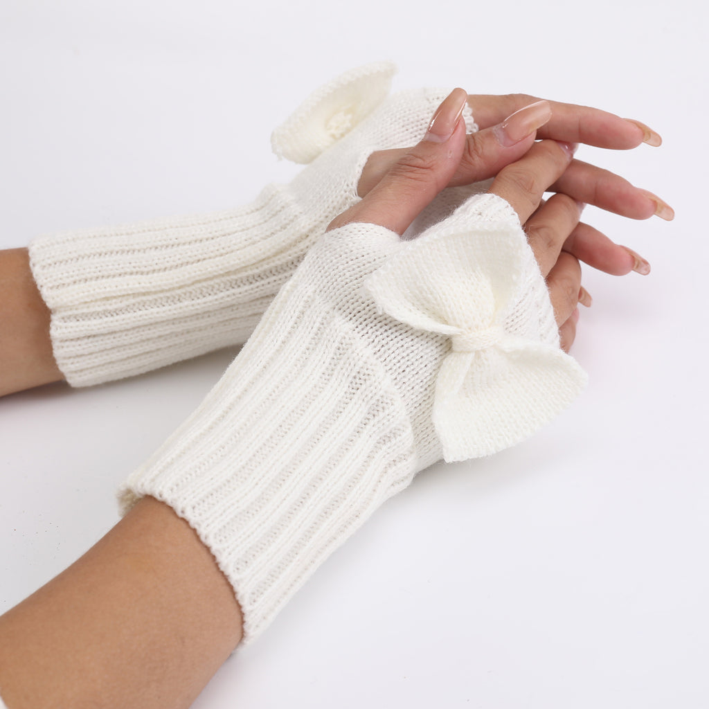 Bow Detail Fingerless Ribbed Knit Gloves - White
