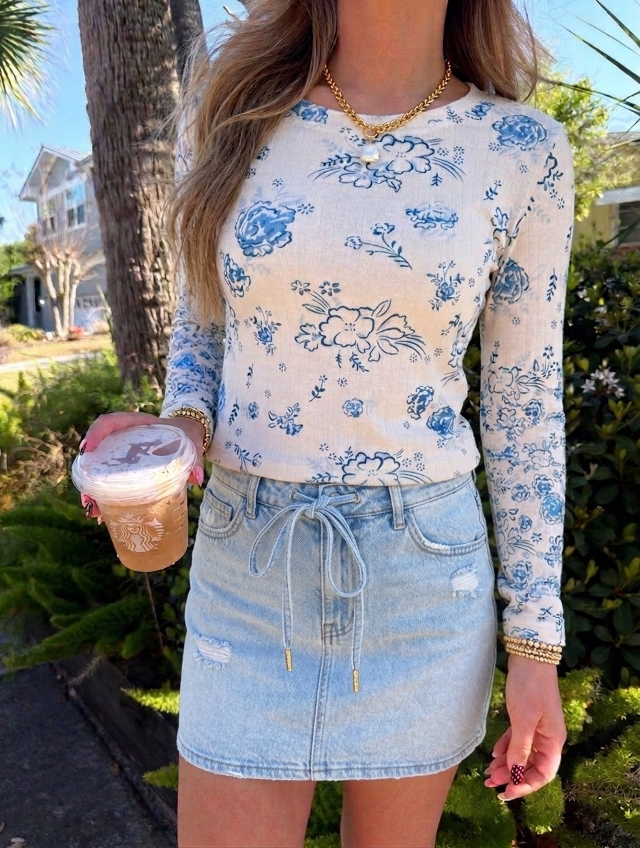 Ditsy Bloom Print Long Sleeve T-Shirt - White