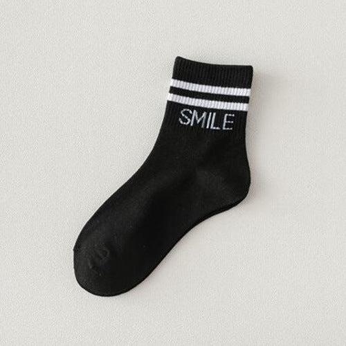 Smile Lettered Double Stripe Crew Socks - Black