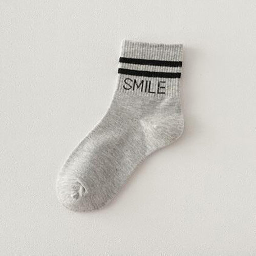 Smile Lettered Double Stripe Crew Socks - Grey