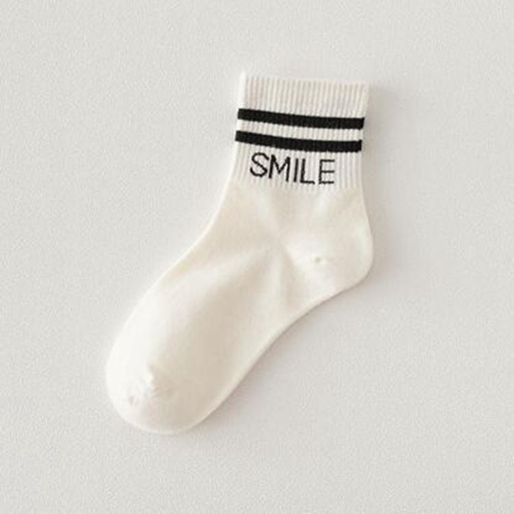 Smile Lettered Double Stripe Crew Socks - White