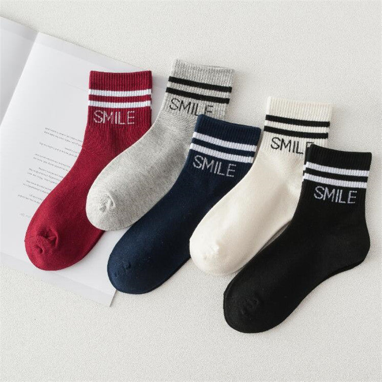 Smile Lettered Double Stripe Crew Socks - WineRed