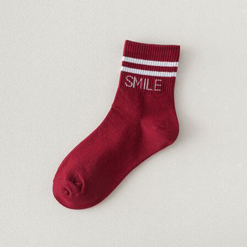 Smile Lettered Double Stripe Crew Socks - WineRed - 1
