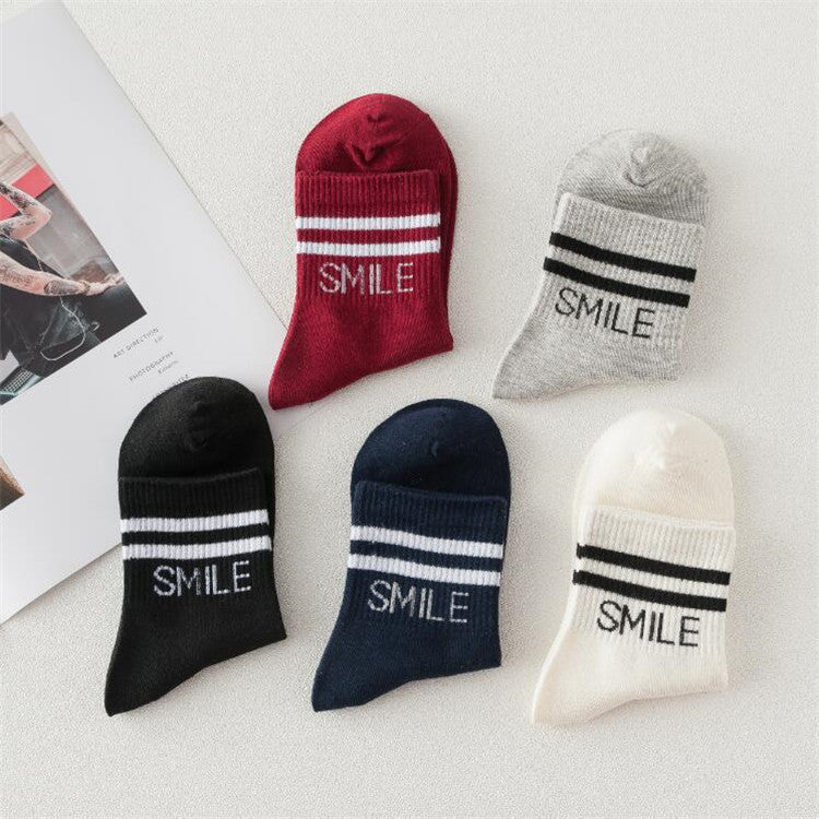 Smile Lettered Double Stripe Crew Socks - WineRed - 2