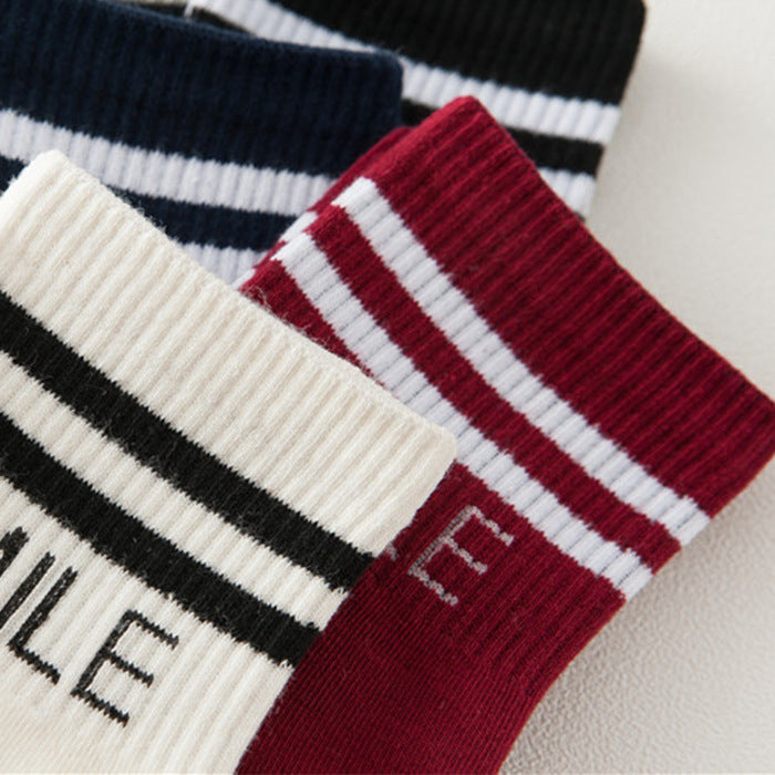 Smile Lettered Double Stripe Crew Socks - WineRed - 3