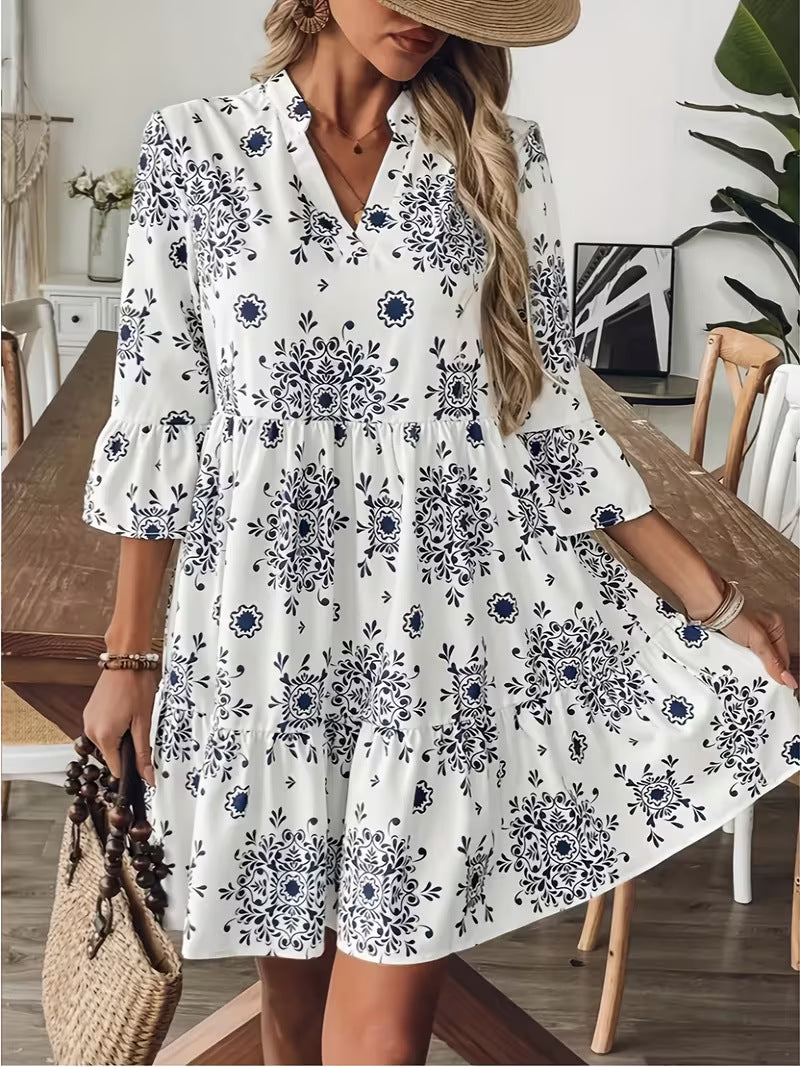 Split Neck Tiered Floral Mini Dress - White