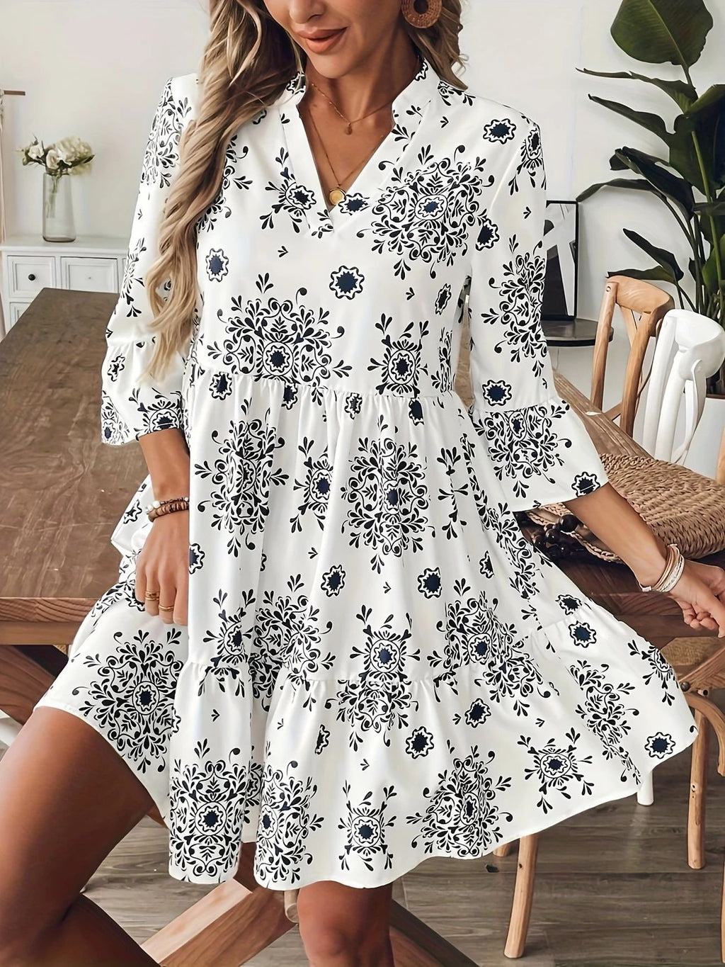 Split Neck Tiered Floral Mini Dress