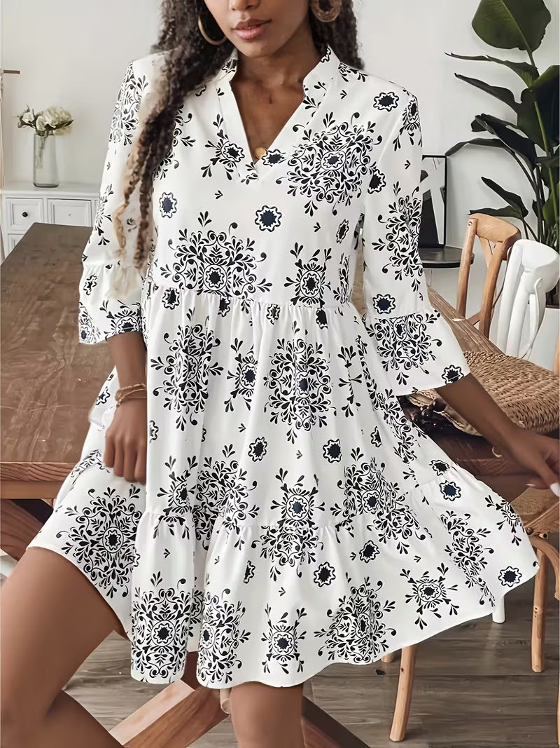Split Neck Tiered Floral Mini Dress - view 1
