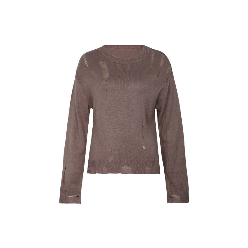 Distressed Crewneck Knit Sweater Top - Coffee