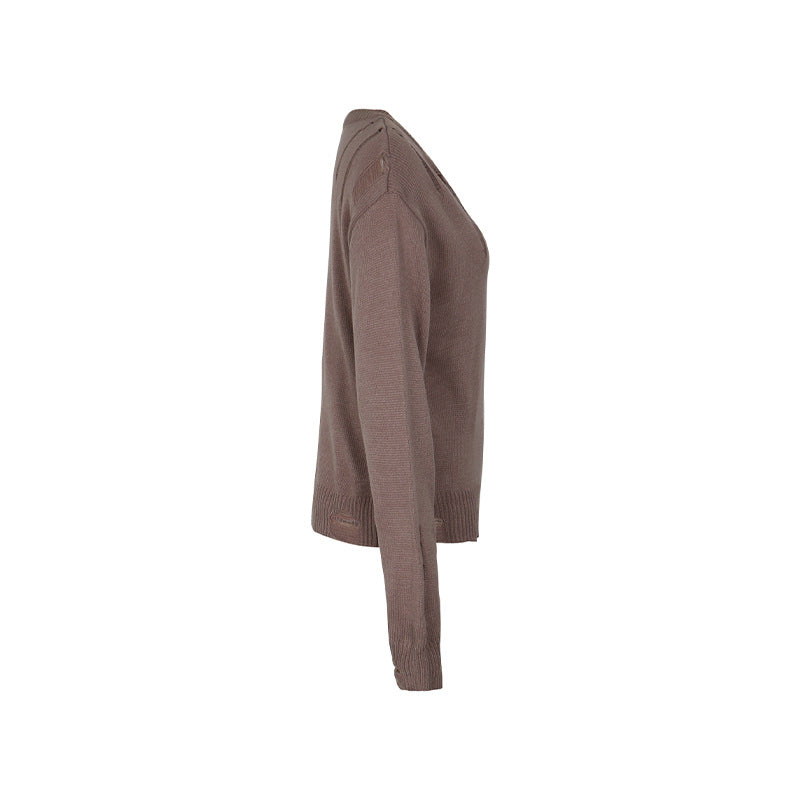 Distressed Crewneck Knit Sweater Top - Coffee - 1