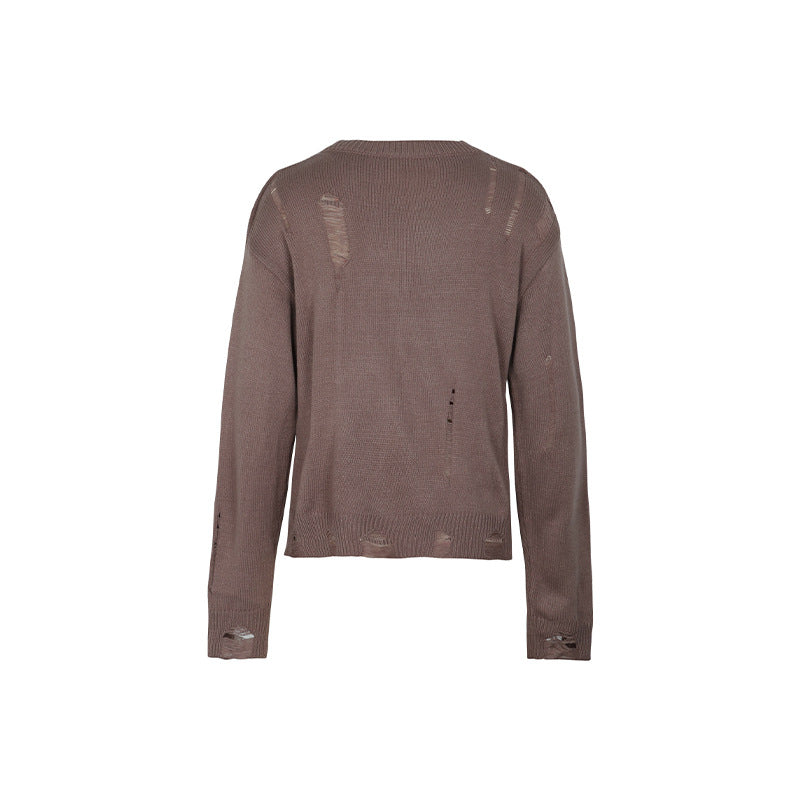 Distressed Crewneck Knit Sweater Top - Coffee - 2