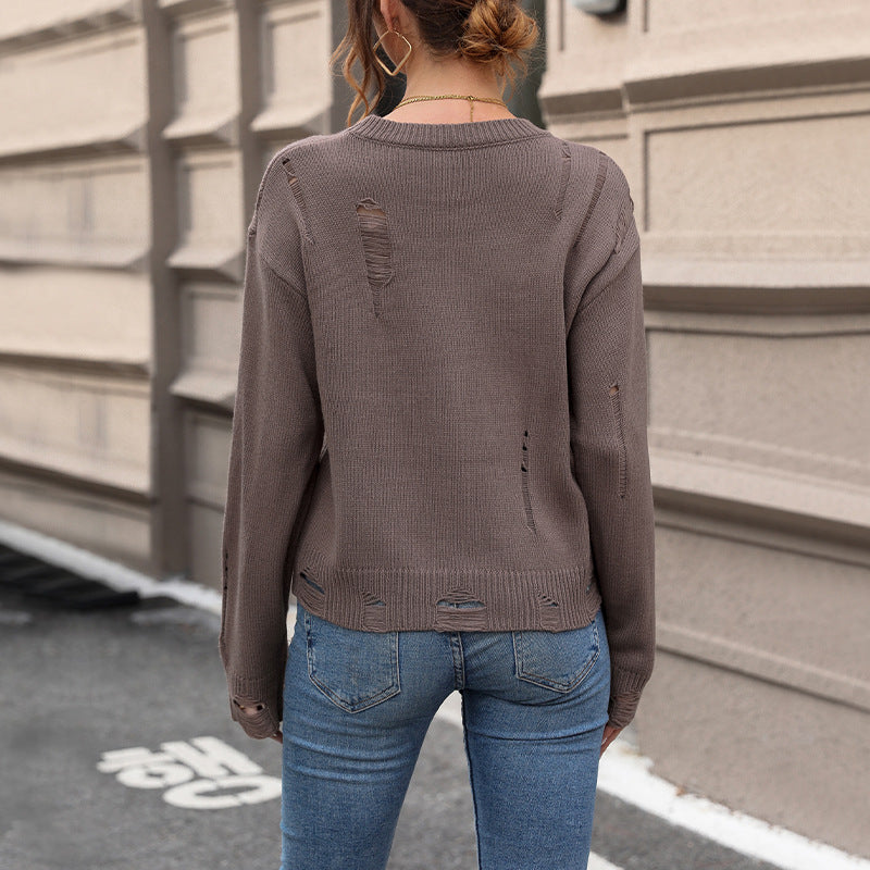 Distressed Crewneck Knit Sweater Top - Coffee - 3