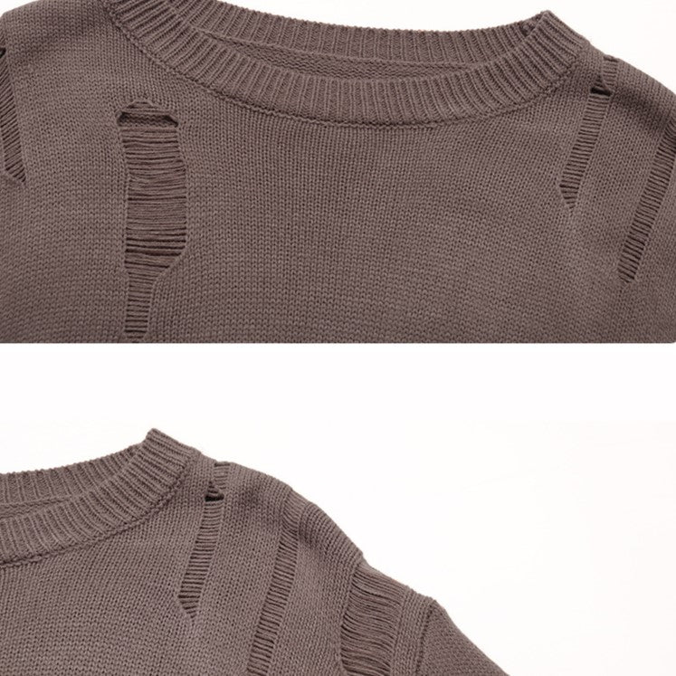 Distressed Crewneck Knit Sweater Top - Coffee - 4
