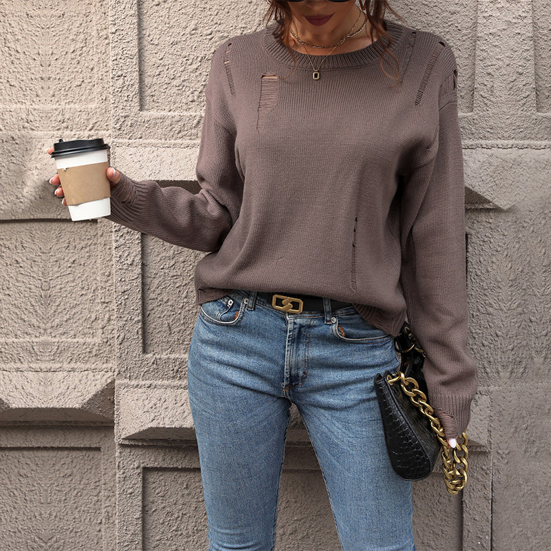Distressed Crewneck Knit Sweater Top - Coffee - 5