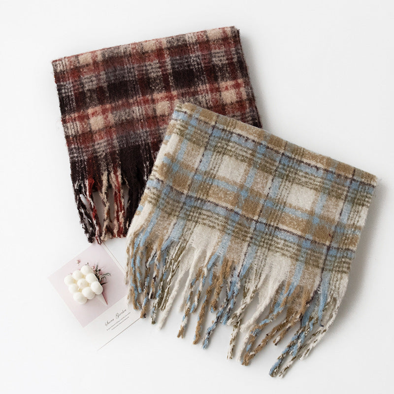 Nubby Weave Tartan Wrap With Fringe
