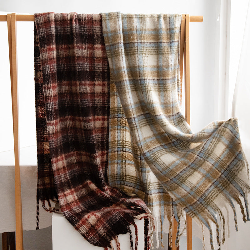 Nubby Weave Tartan Wrap With Fringe - view 1