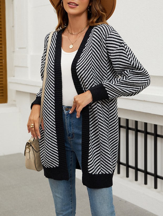 Chevron Stripe Longline Open Cardigan - Black