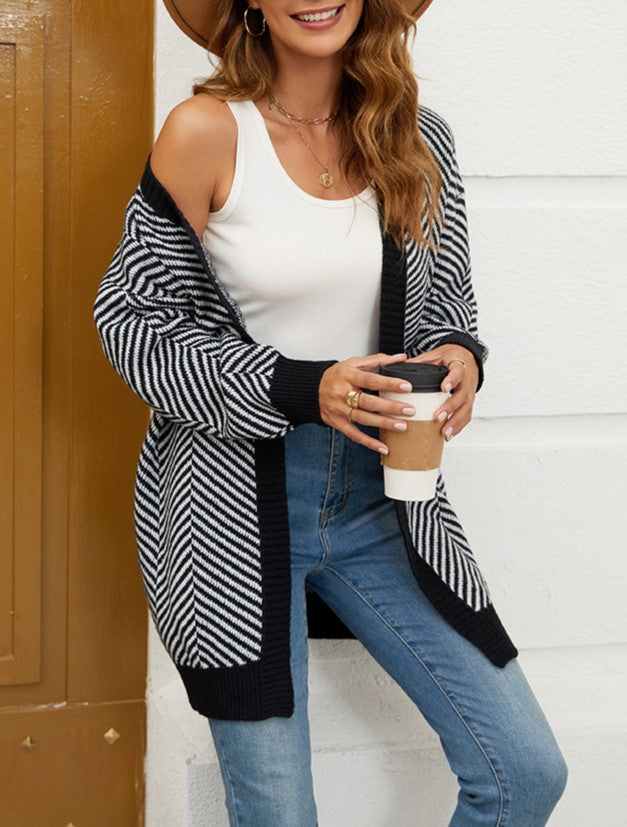 Chevron Stripe Longline Open Cardigan - Black - 1