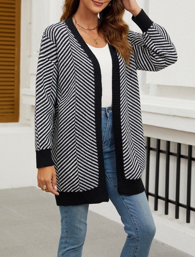 Chevron Stripe Longline Open Cardigan - Black - 3