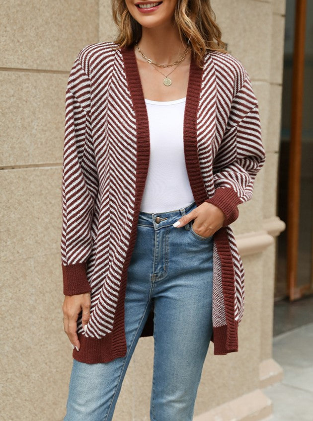 Chevron Stripe Longline Open Cardigan - Red