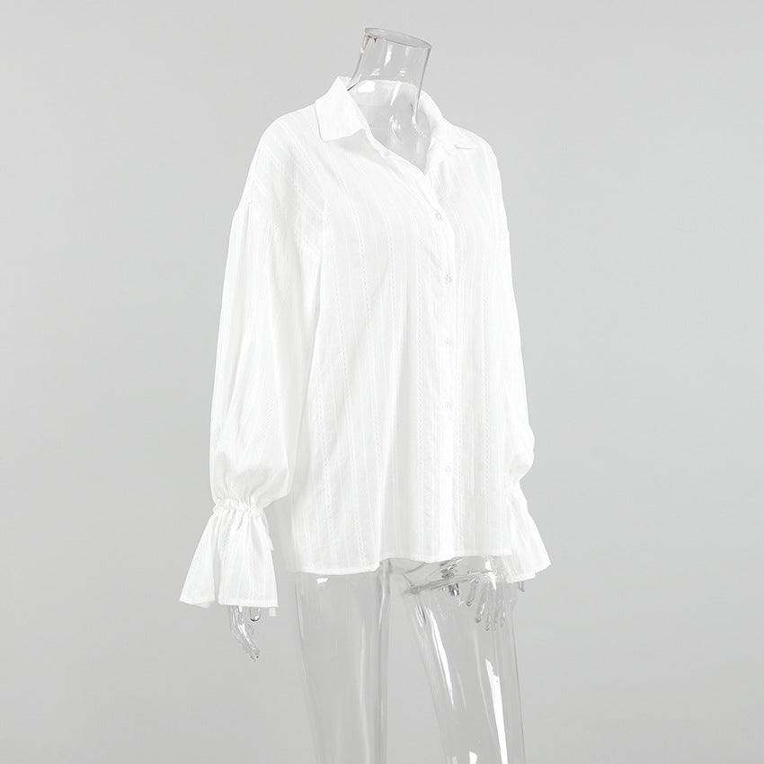 Striped Jacquard Tie Waist Flared Sleeve Shirt - White