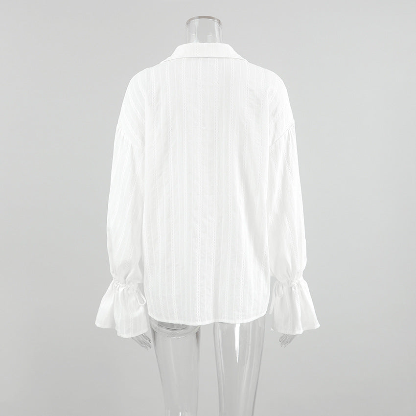 Striped Jacquard Tie Waist Flared Sleeve Shirt - White - 1