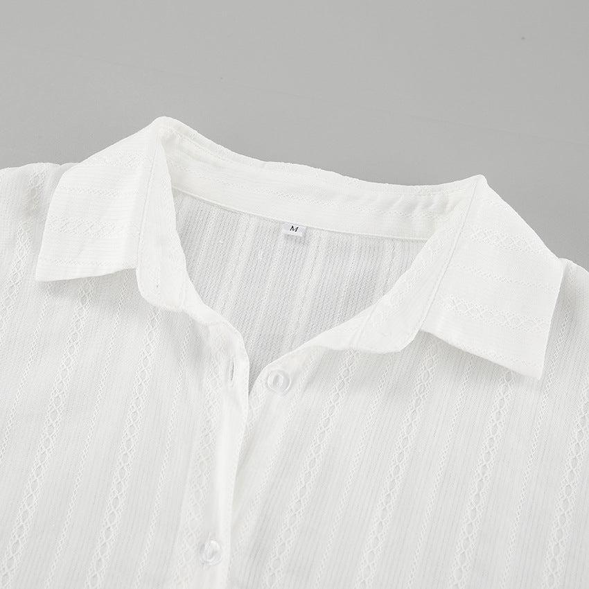 Striped Jacquard Tie Waist Flared Sleeve Shirt - White - 2