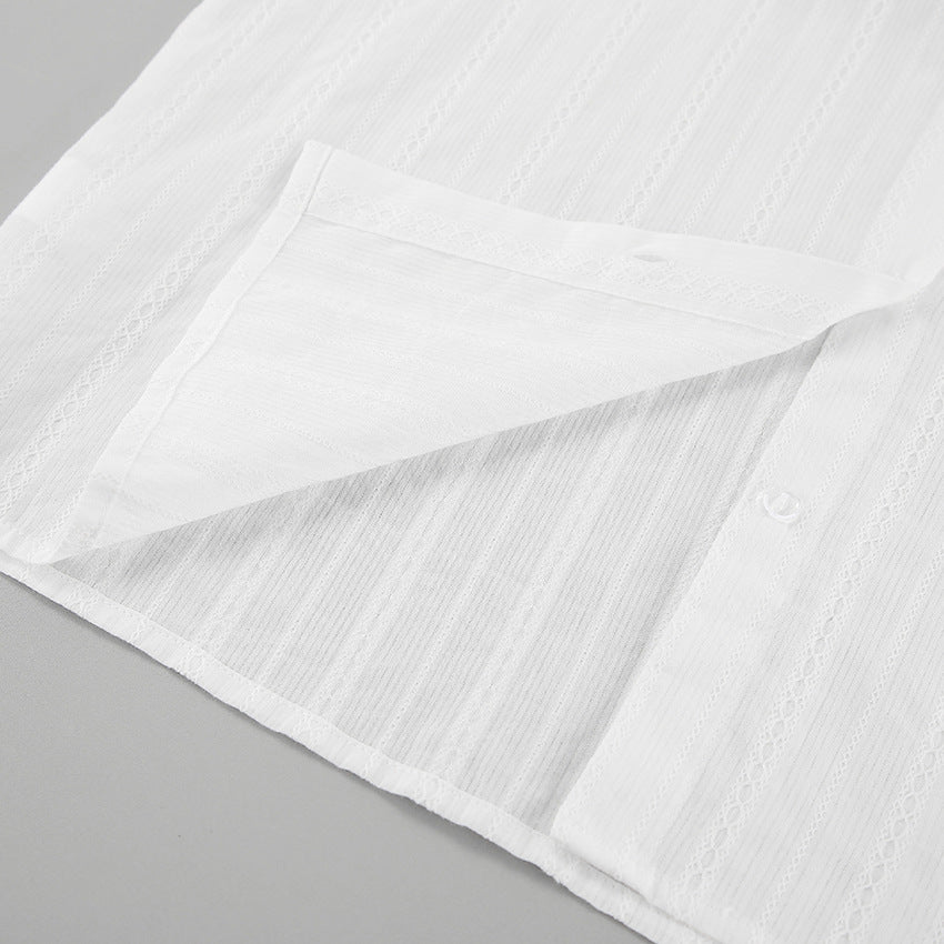 Striped Jacquard Tie Waist Flared Sleeve Shirt - White - 3