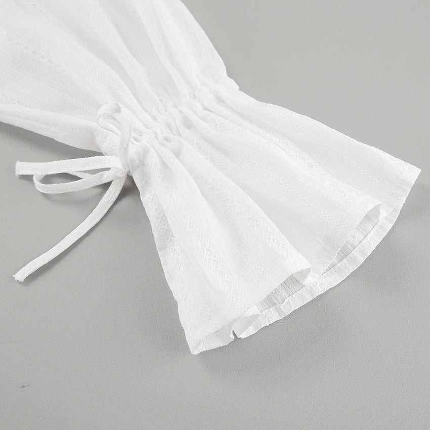 Striped Jacquard Tie Waist Flared Sleeve Shirt - White - 4