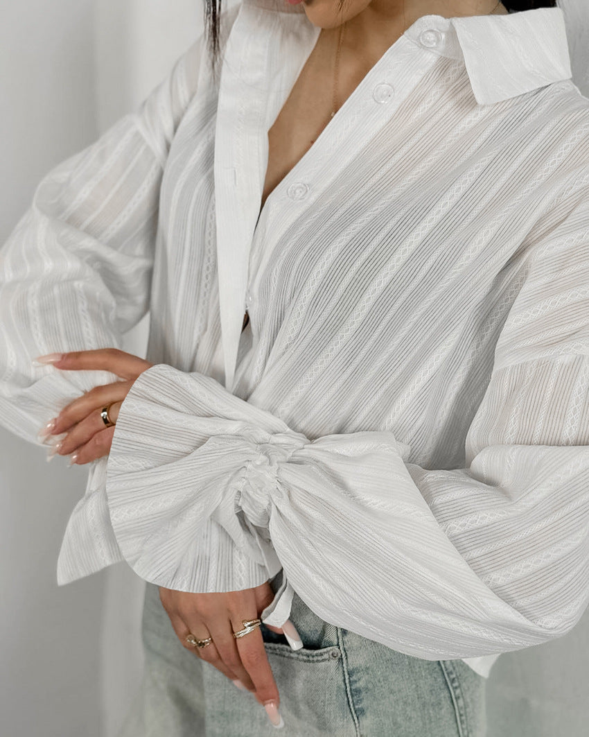 Striped Jacquard Tie Waist Flared Sleeve Shirt - White - 6